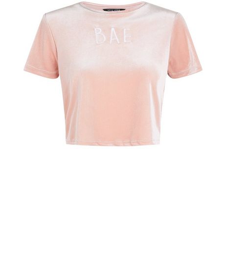 Teens Shell Pink Bae Embroidered Velvet T-shirt | New Look