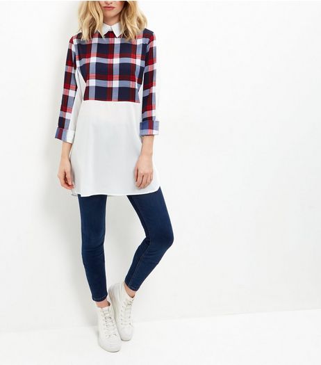 AX Paris White Check Panel Longline Shirt | New Look