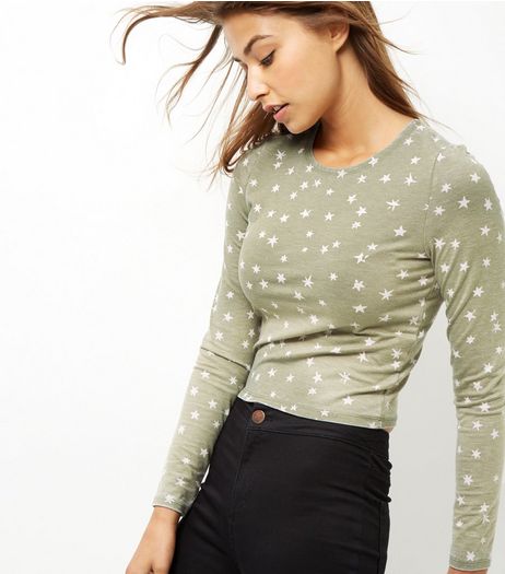 Khaki Acid Wash Star Print Long Sleeve Top | New Look
