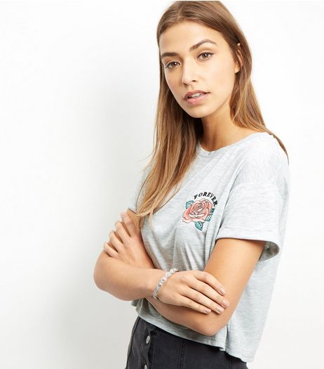Grey Forever Rose Embroidered Crop Top | New Look