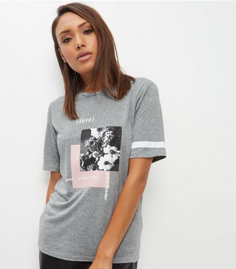 Grey Love Floral Print Panel Box T-Shirt | New Look