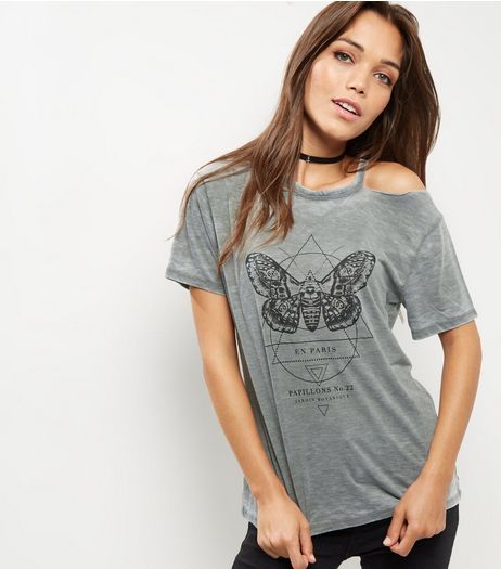 Khaki Moth Print Cut Out T-Shirt | New Look