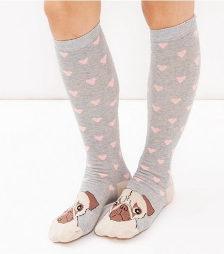 Pale Grey Pug and Heart Print High Knee Socks | New Look