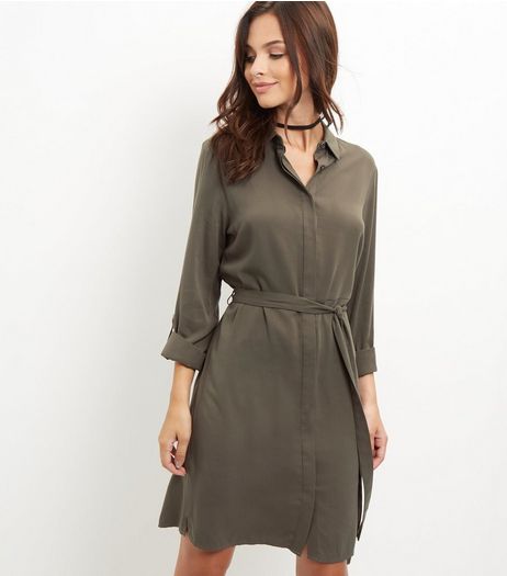 Khaki Tie Waist Shirt Dress | New Look