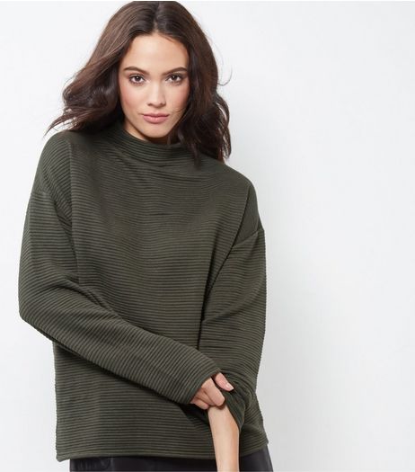 Khaki Ribbed Funnel Neck Sweater | New Look