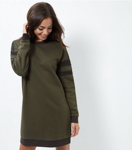 Khaki Colour Block Stripe Sleeve Sweater Dress | New Look
