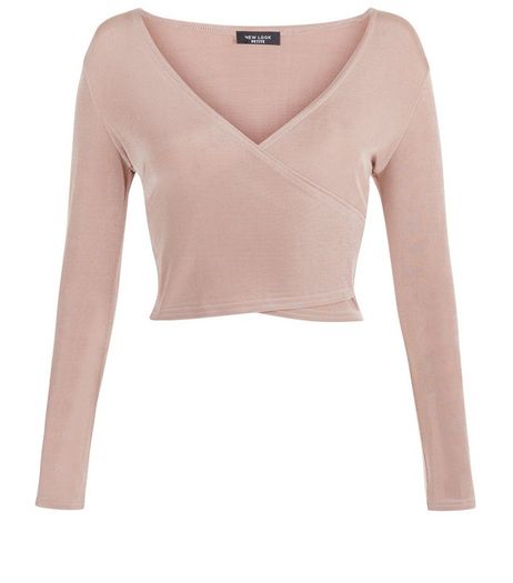 Petite Shell Pink Wrap Front Long Sleeve Crop Top | New Look