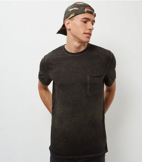 Khaki Burnout Wash Single Pocket T-Shirt | New Look