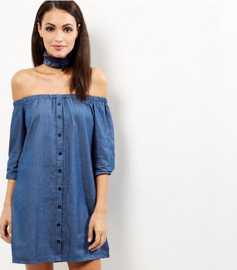Blue Button Front Bardot Neck Longline Top | New Look