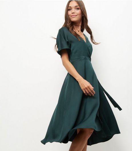 Dark Green Sateen Wrap Midi Dress | New Look