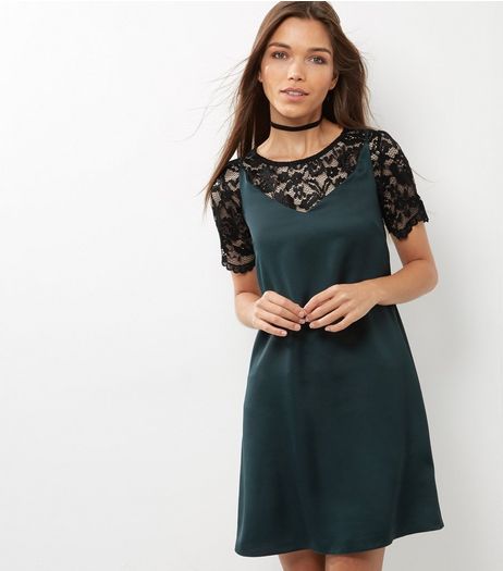 Dark Green 2 in 1 Lace Top Slip Dress | New Look