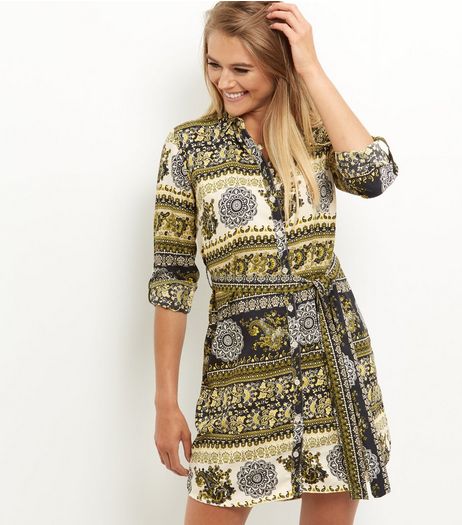 AX Paris Khaki Paisley Print Shirt Dress | New Look