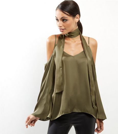 Khaki Sateen Cold Shoulder Tie Neck Shirt | New Look