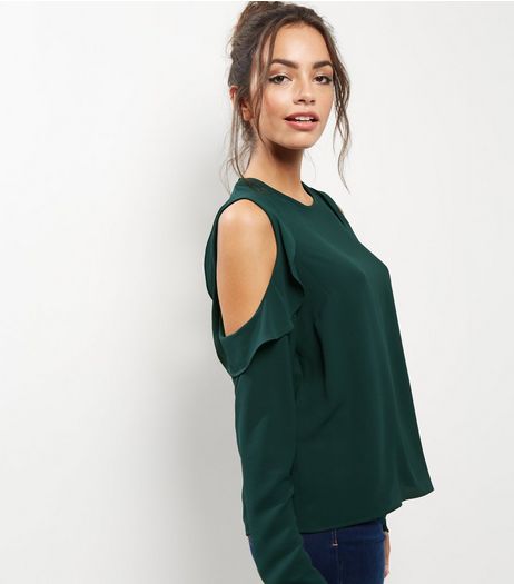 Dark Green Frill Trim Cold Shoulder Top | New Look