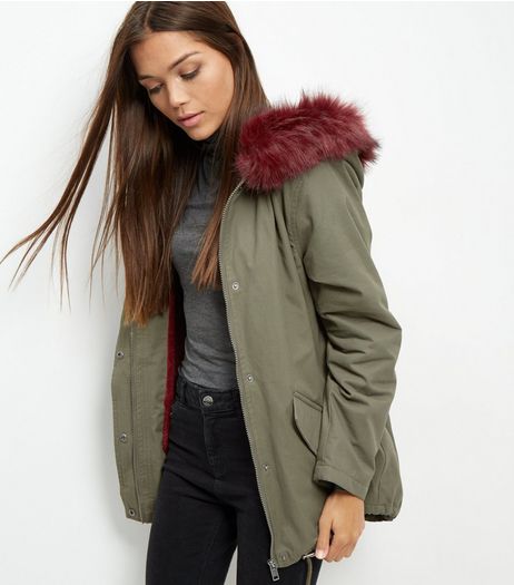 Khaki Faux Fur Trim Hooded Parka | New Look