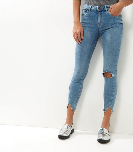 Blue Asymmetric Hem Ripped Skinny Jeans | New Look