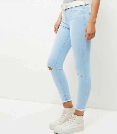 Blue Fray Hem Ripped Knee Skinny Jeans | New Look