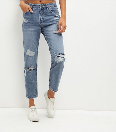 Blue Ripped Straight Leg Jeans | New Look