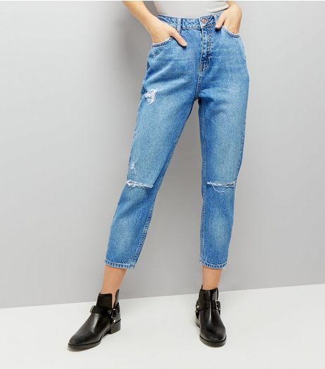 Blue Ripped Knee Mom Tori Jeans | New Look