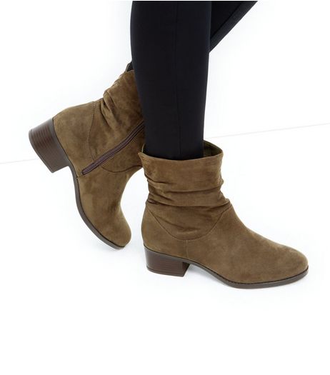 Wide Fit Khaki Suedette Ruched Ankle Boots | New Look