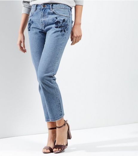 Blue Floral Embroidered Straight Leg Jeans | New Look