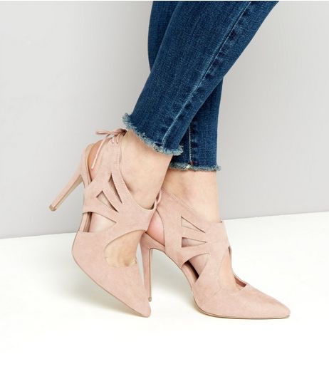 Creme Suedette Cut Out Tie Back Heels | New Look