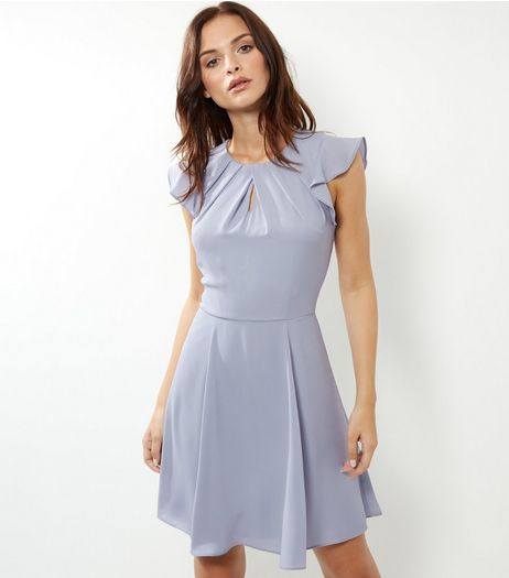 Silver Pleated Neck Flutter Sleeve Skater Dress | New Look