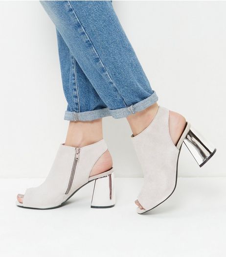 Grey Suedette Peep Toe Flared Block Heel Boots | New Look