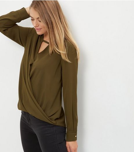 Khaki Bar Front Wrap Top | New Look