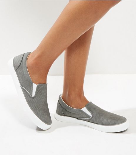 Grey Snakeskin Texture Slip On Plimsolls | New Look