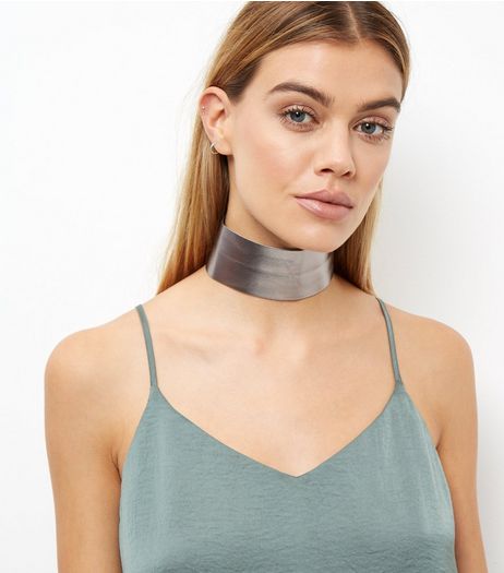 Grey Leather-Look Wide Choker | New Look
