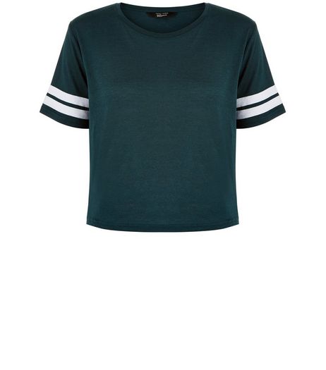 Teens Dark Green Stripe Sleeve T-Shirt | New Look