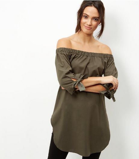 Khaki Tie Sleeve Bardot Neck Longline Top | New Look