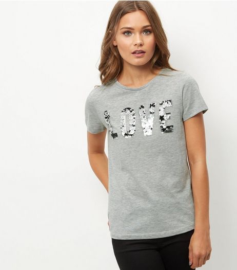 Grey Love Print Sequin T-Shirt | New Look