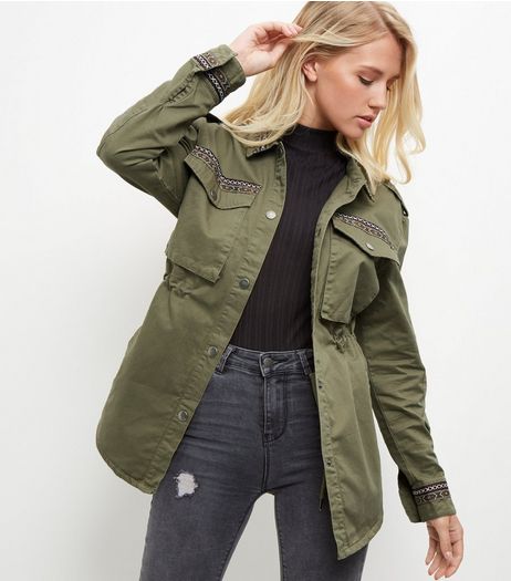 Khaki Aztec Print Trim Shacket | New Look