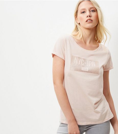 Shell Pink NYC JPN Sequin T-Shirt | New Look