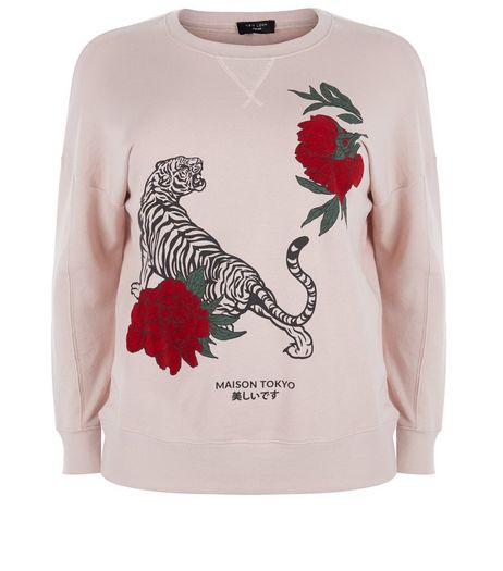 Curves Pink Tiger Floral Print Sweater | New Look