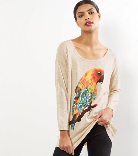 Mela Pale Beige Parrot Print Jumper | New Look