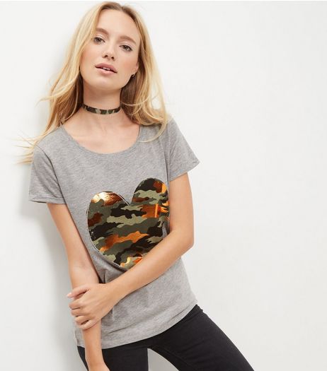 Grey Camo Foil Heart T-Shirt | New Look