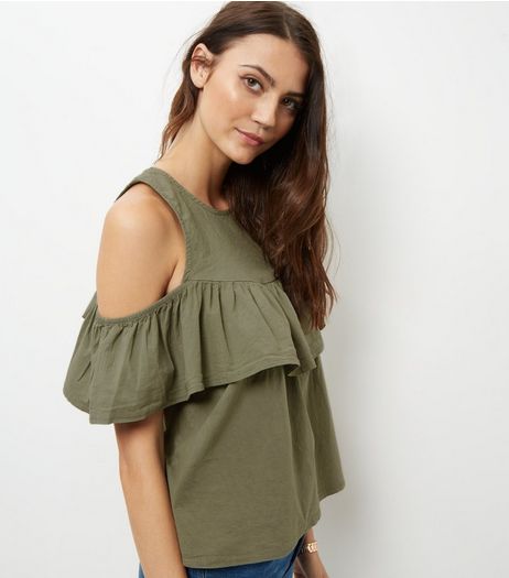 Loving This Khaki Frill Trim Cold Shoulder Top | New Look