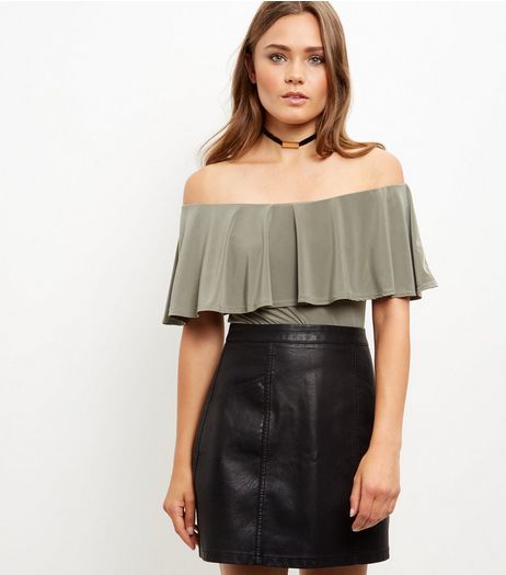 Blue Vanilla Khaki Ruffle Trim Bardot Neck Bodysuit | New Look