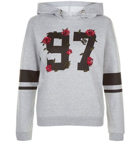 Teens Grey Embroided Flower 97 Print Hoody | New Look