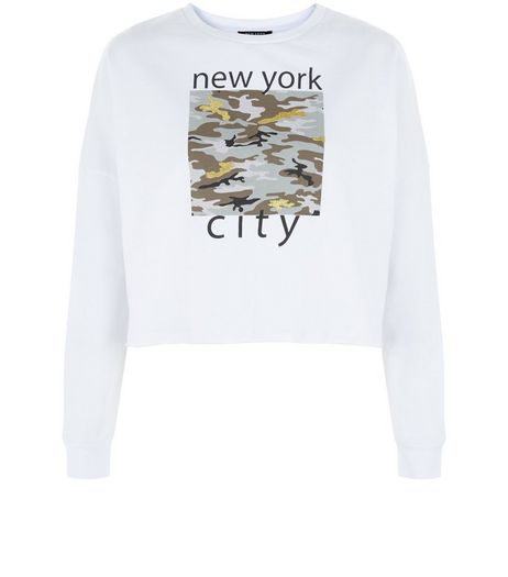 Teens White NYC Camo Print Sweater | New Look