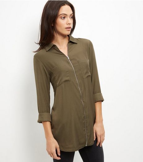 Brave Soul Khaki Zip Front Shirt | New Look