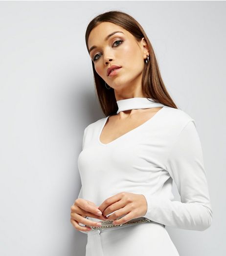 White Choker Neck Cut Out Long Sleeve Crop Top | New Look