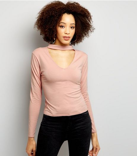 Pink Choker Neck Cut Out Long Sleeve Crop Top | New Look