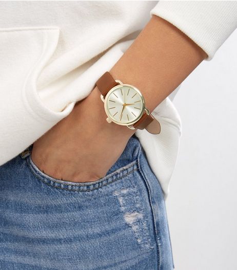 Brown Strap Metallic Face Watch | New Look