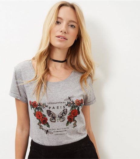 Grey Rose Butterfly Roll Sleeve T-Shirt | New Look