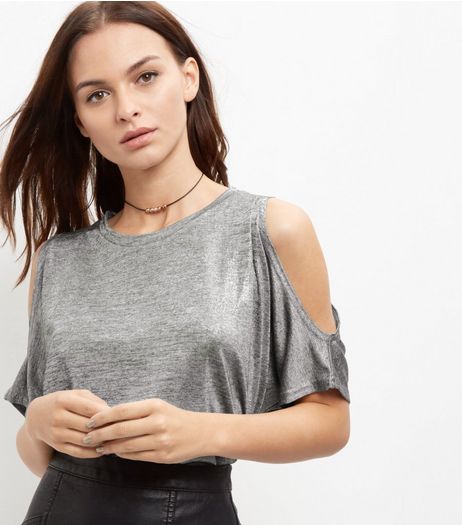 Silver Metallic Cold SHoulder T-Shirt | New Look