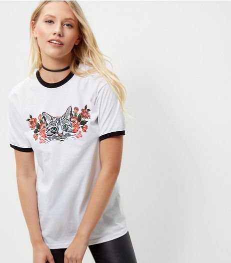 White Cat Floral Print Contrast Trim T-Shirt | New Look